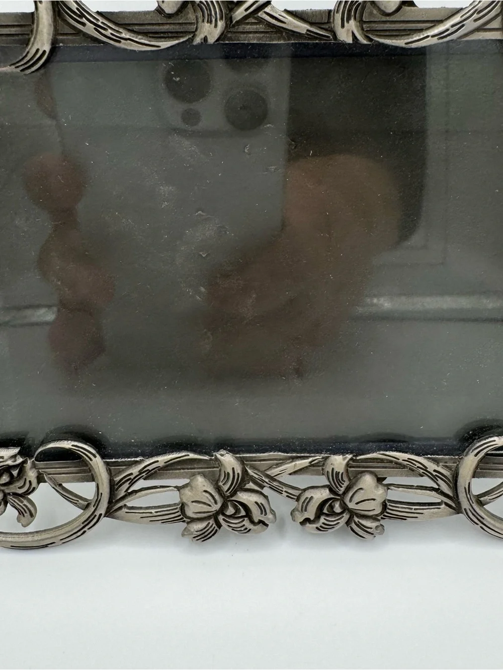 Vintage Filigree Metal Picture Frame 3x5 Orchid Flower Silver Pewter Art Nouveau